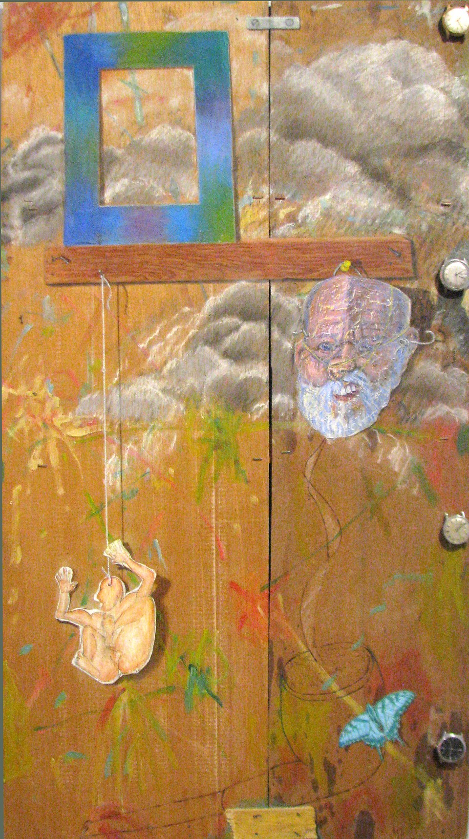 George Bireline, Self-portrait with Watches, mixed media on panel with watches, 39 x 21 inches