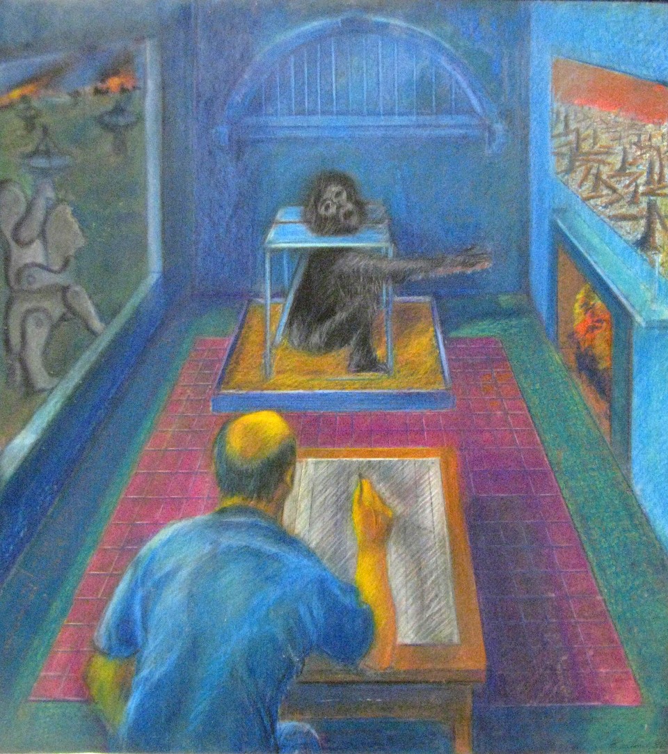 George Bireline, Dialogue, 1986, oil crayon on paperboard, 23 x 21 inches