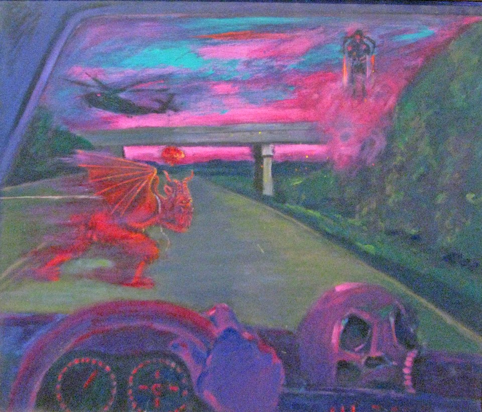 George Bireline, Crossing the Road, 1984, acrylic on canvas, 23.5 x 27.5 inches